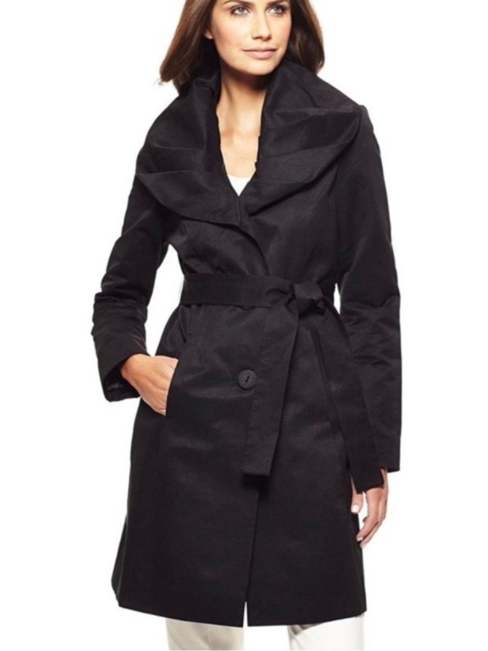 Tahari Black Trench Satin Button-Front Coat jacket XS Cheryl Ottoman Belted